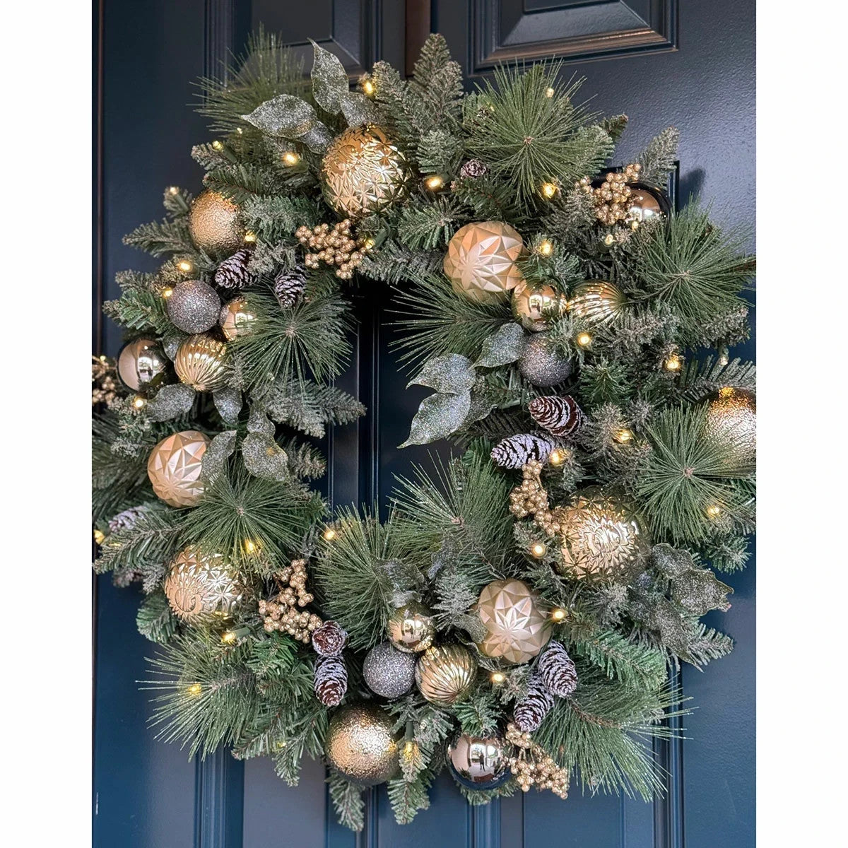 30 inch (76cm) Pre-Lit Decorated Wreath with 50 LED Lights in Metallic