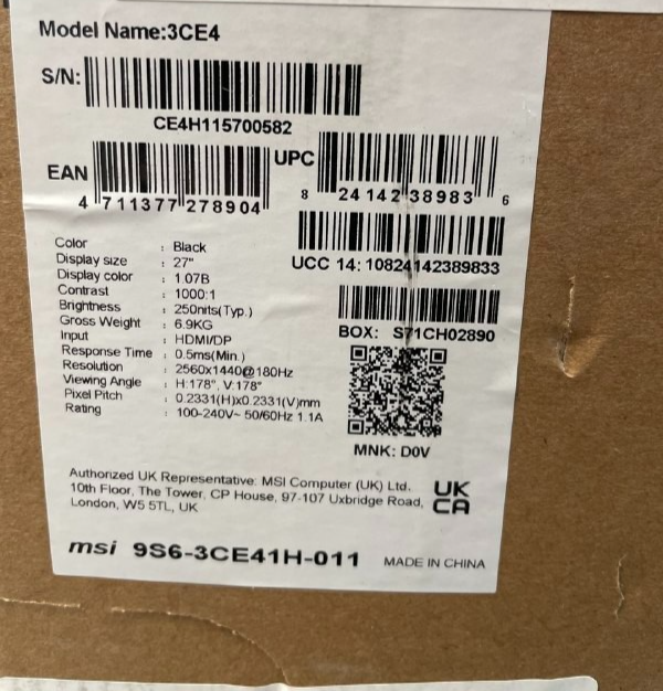 MSI MAG 274QF 27 Inch 180Hz WQHD Gaming Monitor, 9S6-3CE41H-011