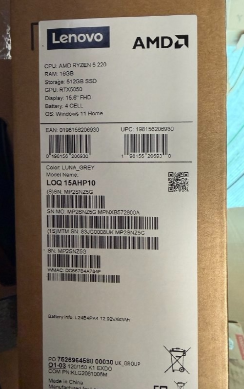 Lenovo LOQ, AMD Ryzen 5, 16GB RAM, 512GB SSD RTX 5050 15.6 In Laptop, 83JG0008UK