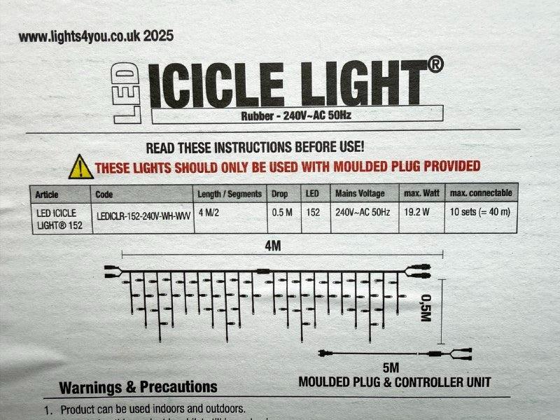 Costco Lights4You 13ft (4m) 152 LED Warm White Outdoor Icicle Light Christmas