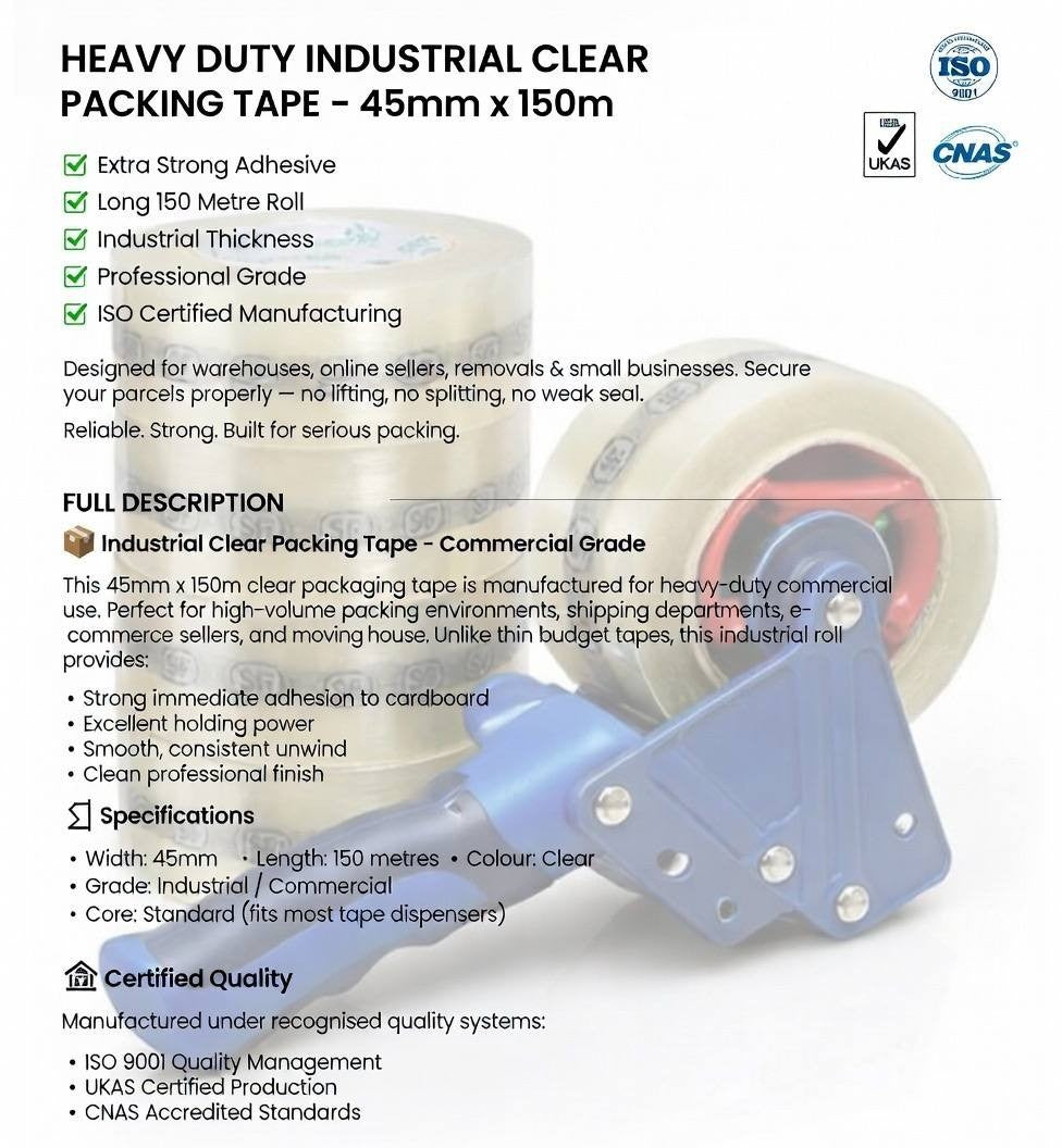 Clear Packing Tape Heavy Duty 45mm x 150m Industrial Strong Rolls eCommerce VAT