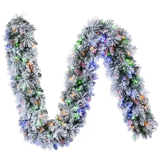 9ft 2.7m Pre-lit Flocked Glitter Christmas Garland with 150 Colour changing LED