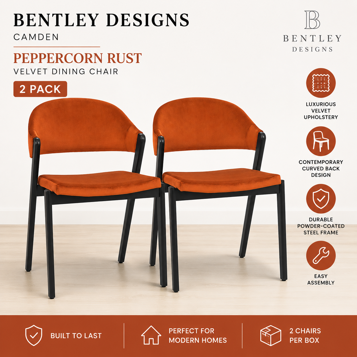 Bentley Designs Camden Rust Velvet Dining Chair Upholstered Beech 2 Pack