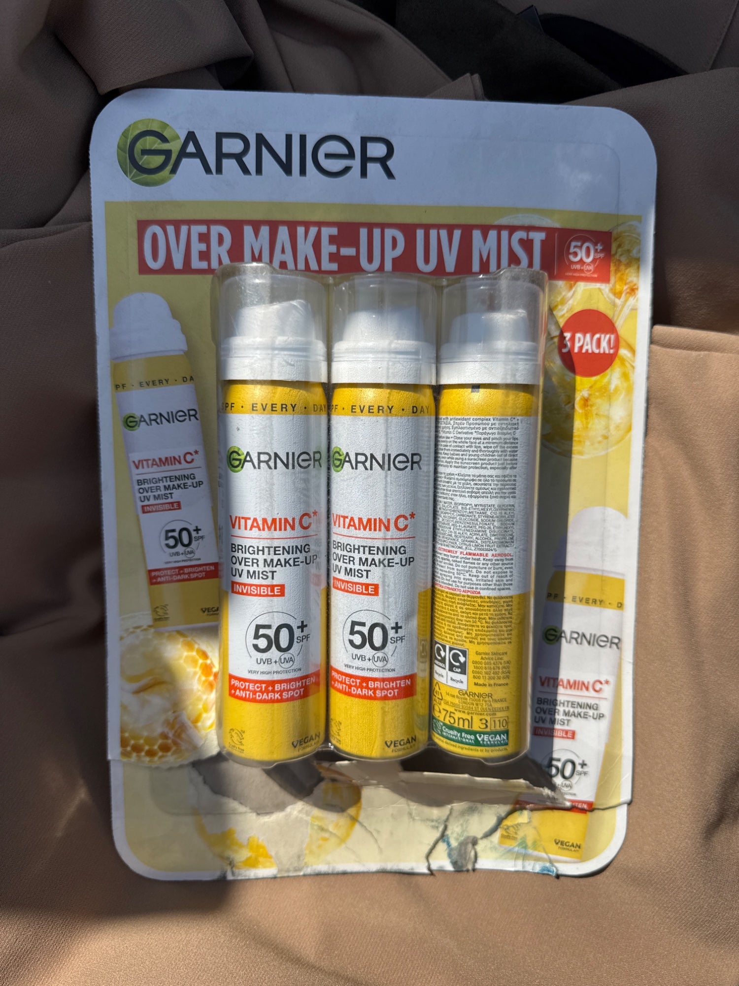 Garnier Vitamin C UV Mist SPF50+ Over Makeup Sun Cream 3x75ml Brightening