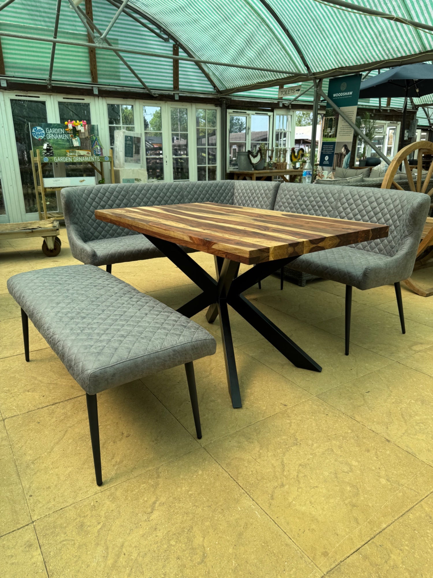 Indus Valley Henley Wooden Dining Table Grey Corner Bench Set Iron Frame Wood