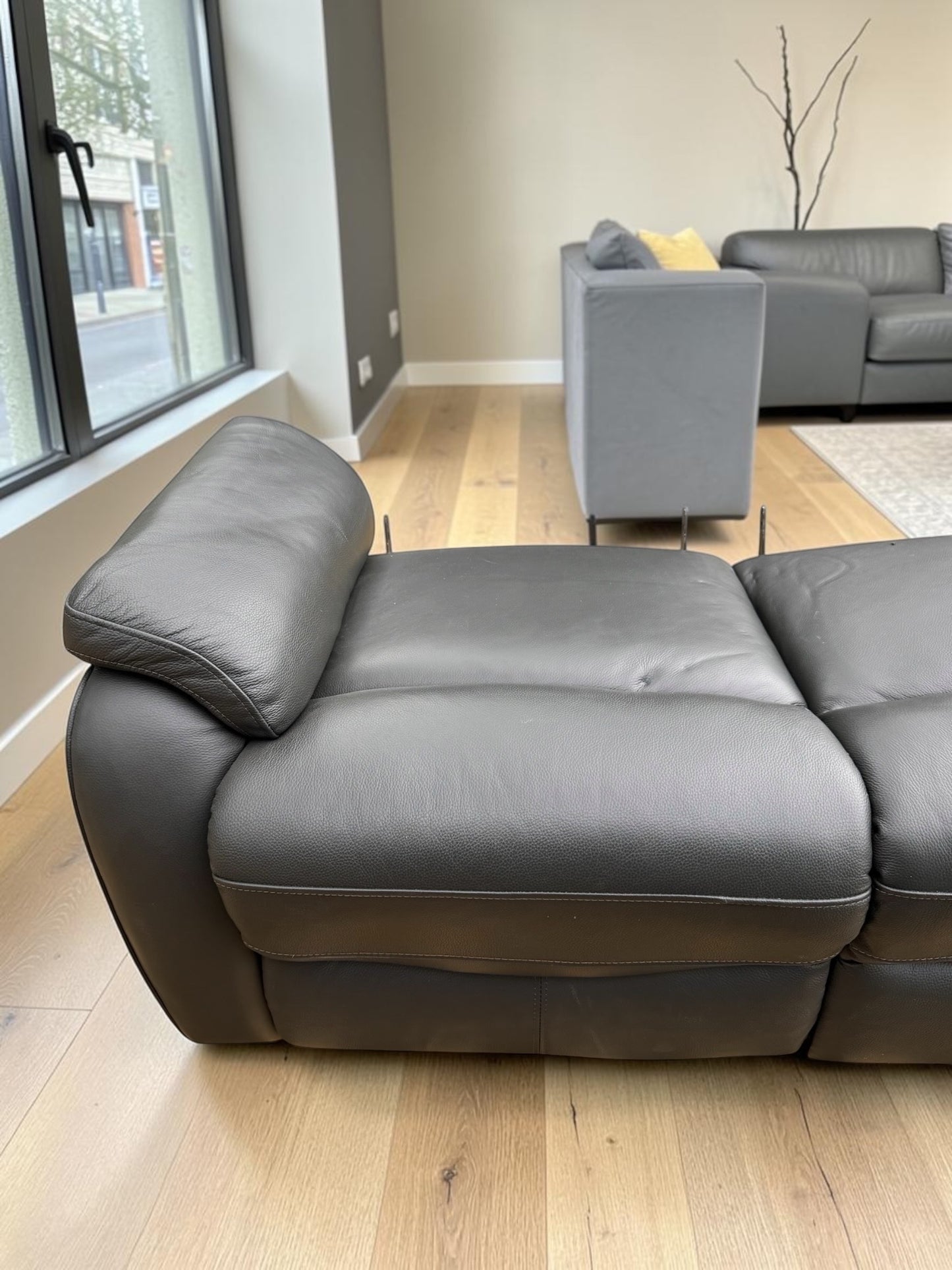 Fletcher Dark Grey Leather Power Reclining 2 Seater Sofa Power Headrest USB