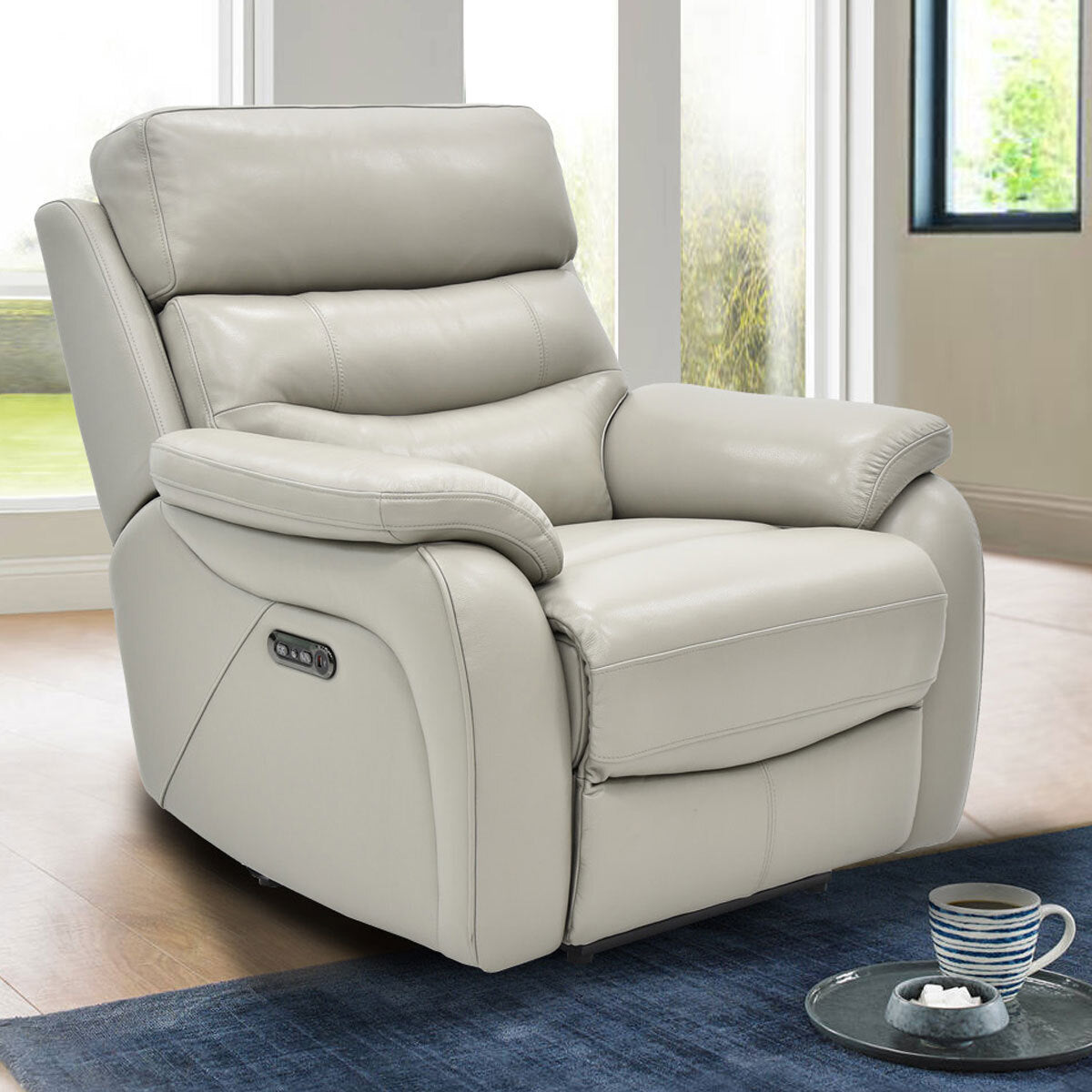 Fletcher Leather Power Recliner Chair Light Grey Electric Sofa Armchair Seat"