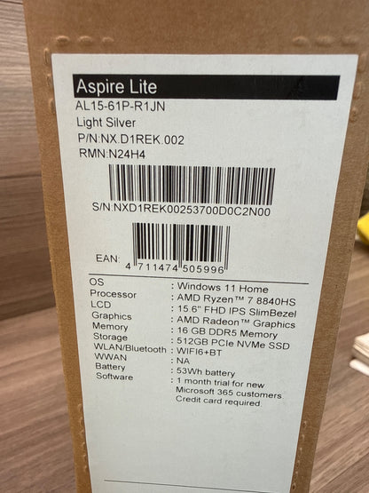 Acer Aspire Lite Laptop 15.6" AMD Ryzen 7 8840HS 16GB RAM 512GB SSD Grey