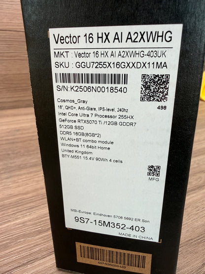 MSI Vector 16 HX AI A2XW, Intel Core Ultra 7, 16GB RAM, 5..., 16"