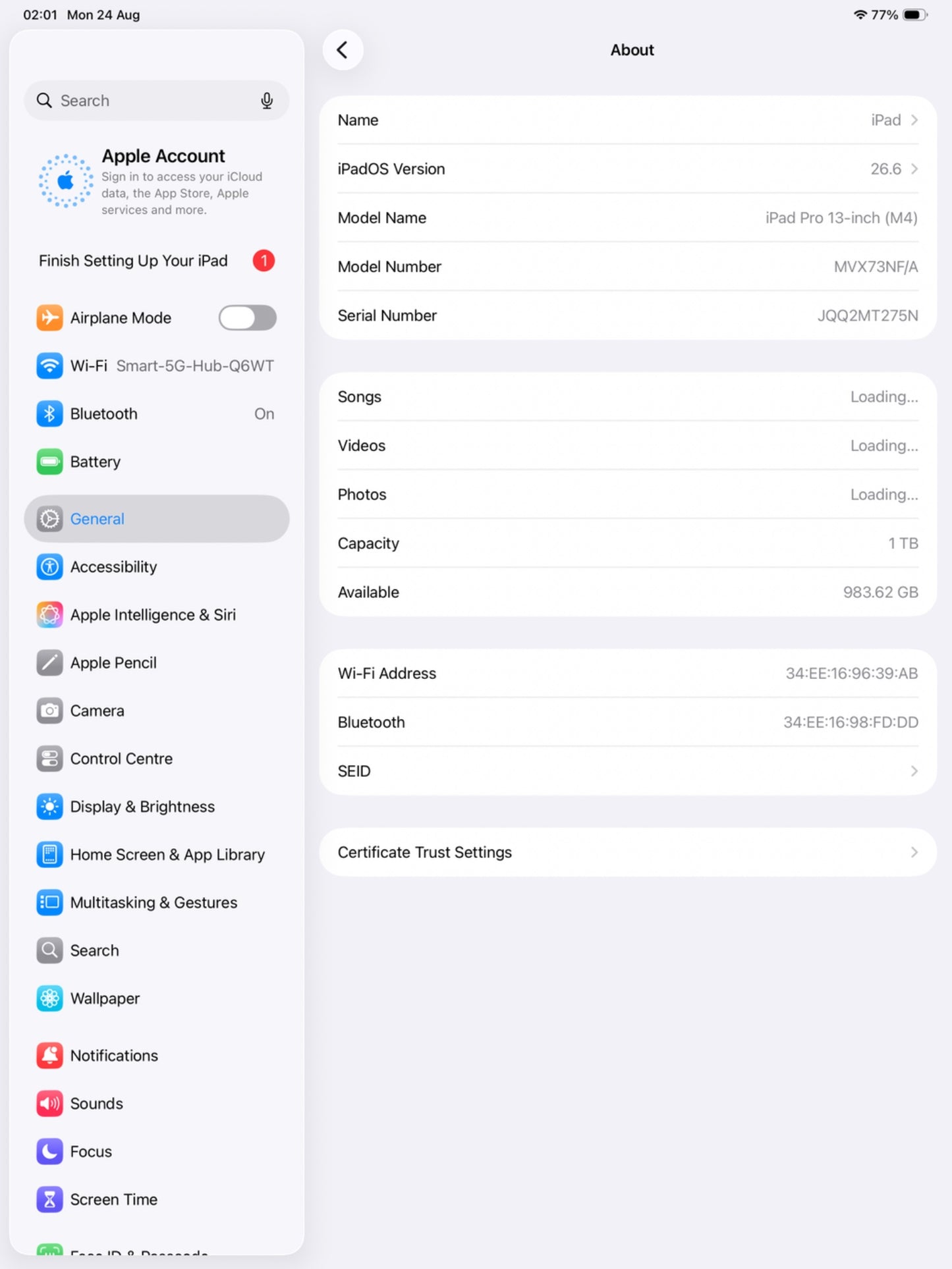 Apple iPad Pro 13" M4 2024 7th Gen 1TB WiFi 6E Silver Tablet MVX73NF/A