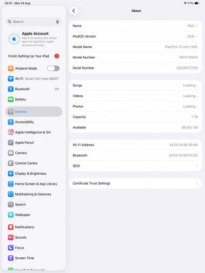 Apple iPad Pro 13" M4 2024 7th Gen 1TB WiFi 6E Silver Tablet MVX73NF/A