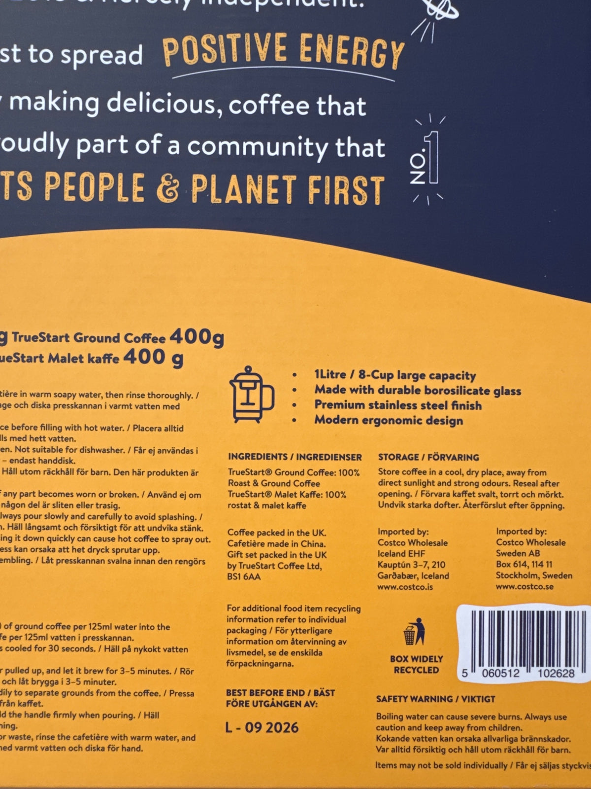 TrueStart 8 Cup Cafetiere 1L & 2x200g Arabica Ground Coffee Gift Set Bundle