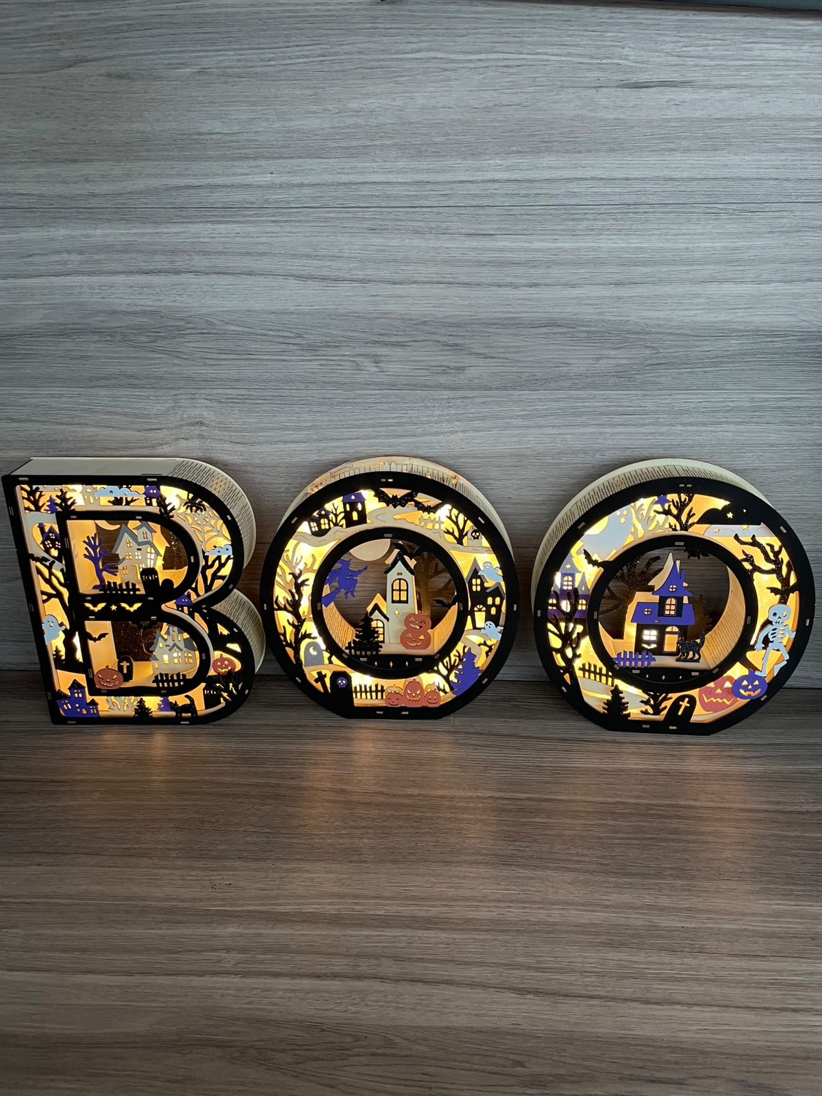 Wooden Light Up BOO Letters Halloween Decoration LED Warm Indoor Set of 3