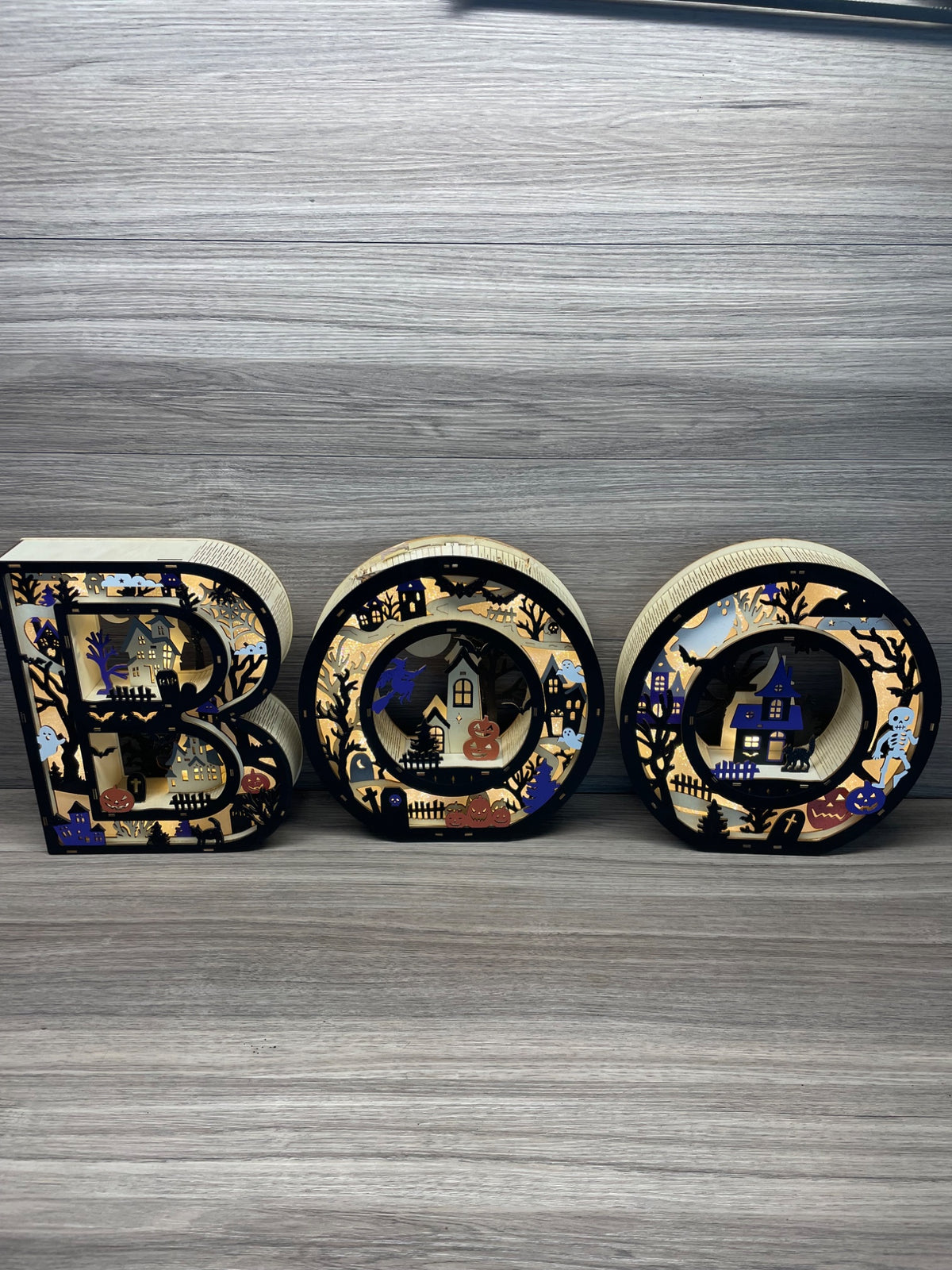 Wooden Light Up BOO Letters Halloween Decoration LED Warm Indoor Set of 3