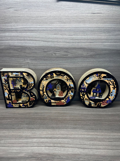 Wooden Light Up BOO Letters Halloween Decoration LED Warm Indoor Set of 3