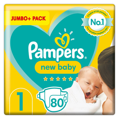 Pampers New Baby Nappies Size 1 Jumbo Pack 80 Soft Stretchy Wings Wetness