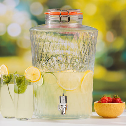 Kilner Diamond Glass Drinks Dispenser 8 Litre BPA Free Vintage Drip Free Tap