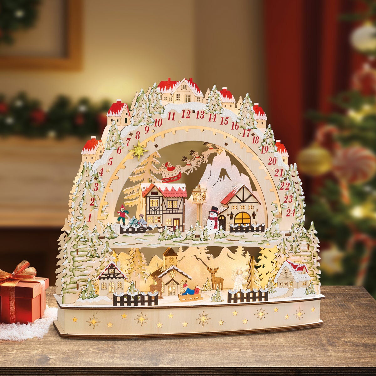Wooden LED Advent Calendar Christmas Decoration Freestanding Jingle Bell