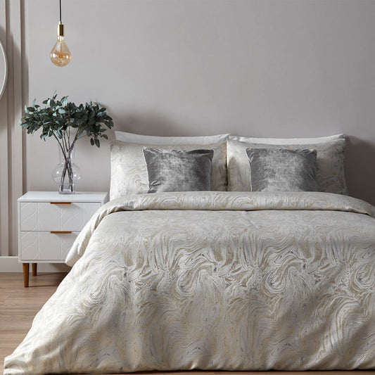 Paoletti Marble Oyster Grey Double Duvet Cover Set 3pc Pillowcases Cotton