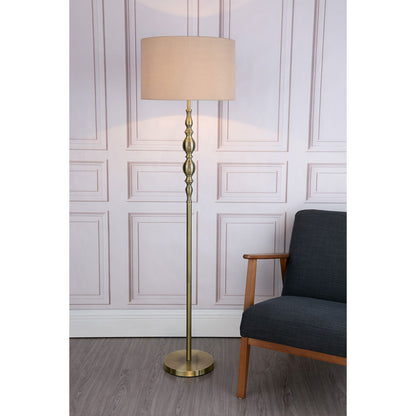 DAR Madrid Antique Brass Metal Floor Lamp Faux Silk Drum Shade Lounge 156cm