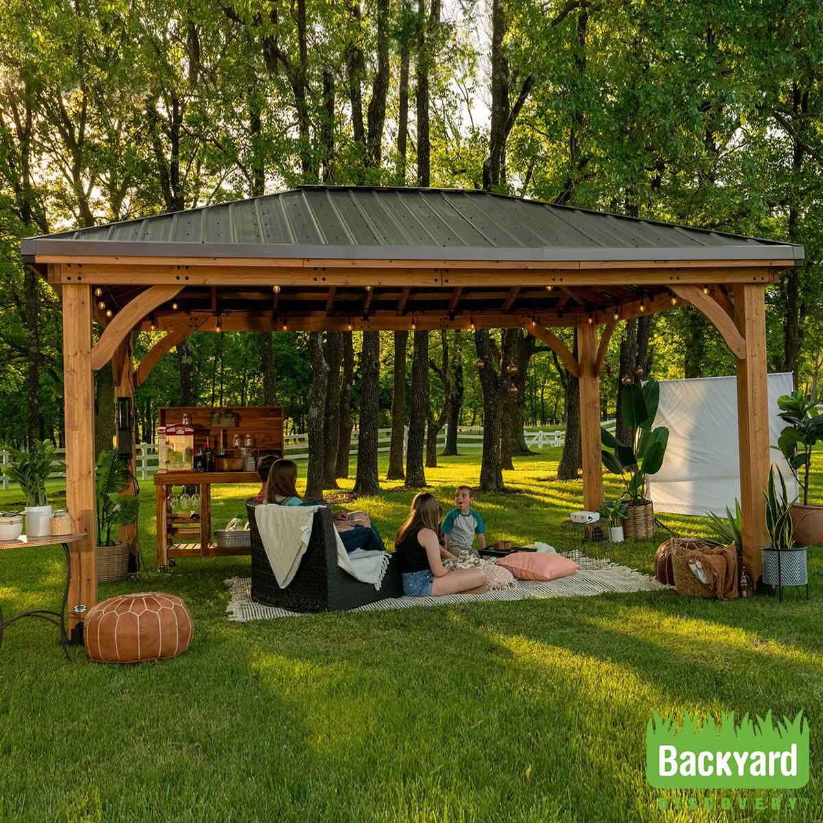 Backyard Discovery Barrington 14x12ft Cedar Wood Gazebo Steel Roof Garden"
