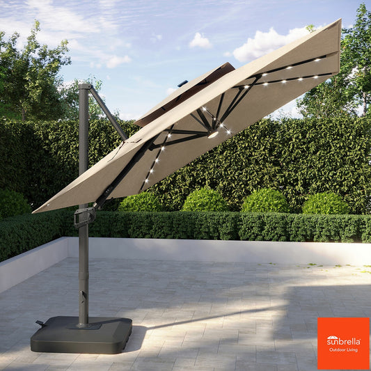Seasons Sentry 10ft (3m) Square 2-Tier LED Solar Cantilever Umbrella with Base