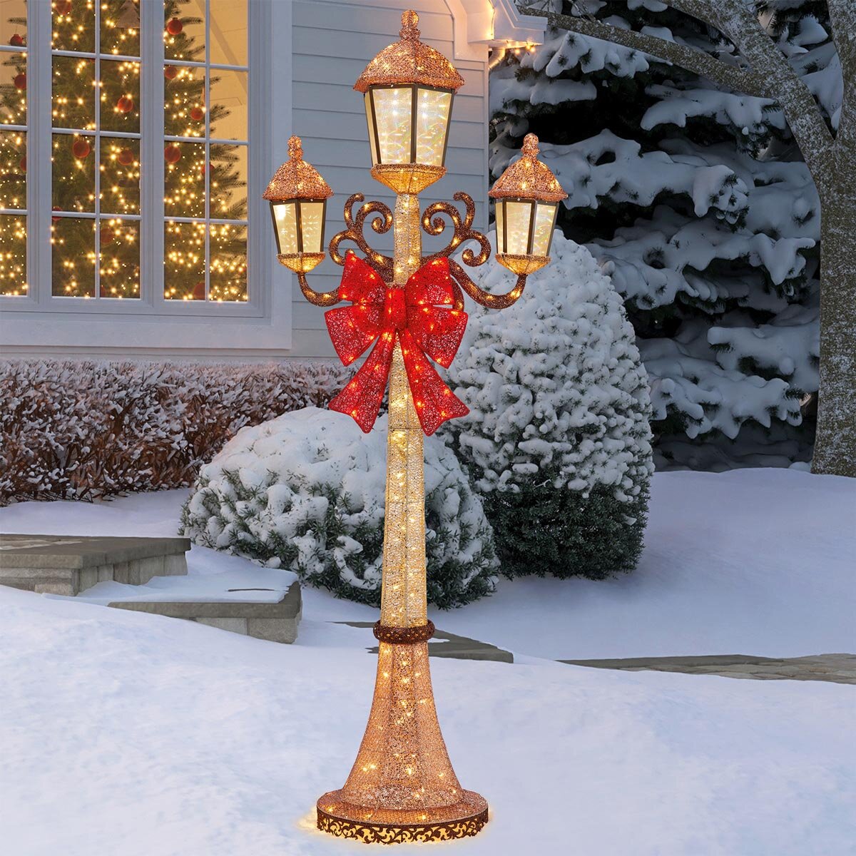 Christmas Triple Lamp Post 7ft 220 LED Warm White 3 Lanterns Outdoor Decor"