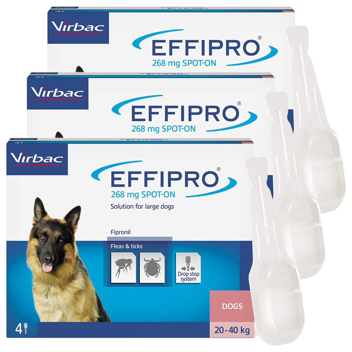 Effipro Spot-On Flea Tick Treatment Large Dogs 20-40kg 268mg Fipronil 12 Pack