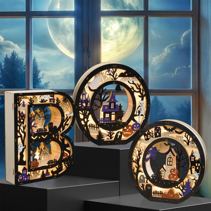 Wooden Light Up BOO Letters Halloween Decoration LED Warm Indoor Set of 3