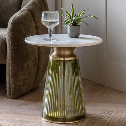 Gallery Seville Green Glass Side Table White Marble Top Gold Accent Living Room