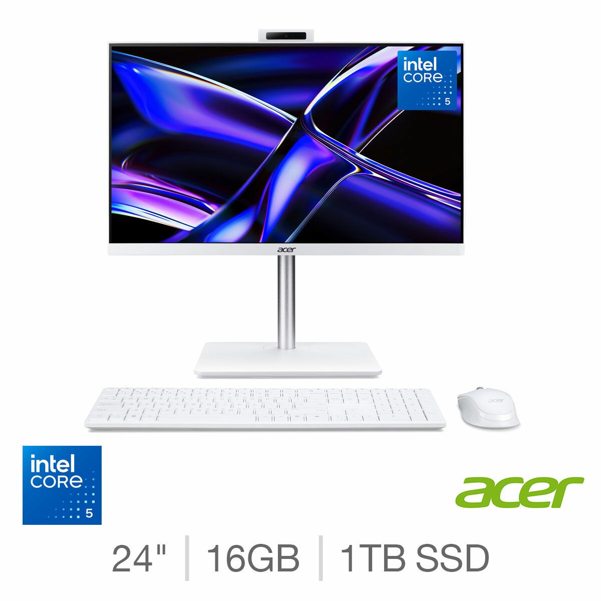 Acer C24 All in One Desktop PC Intel Core 5 16GB 1TB SSD WiFi 6 White 24 Inch