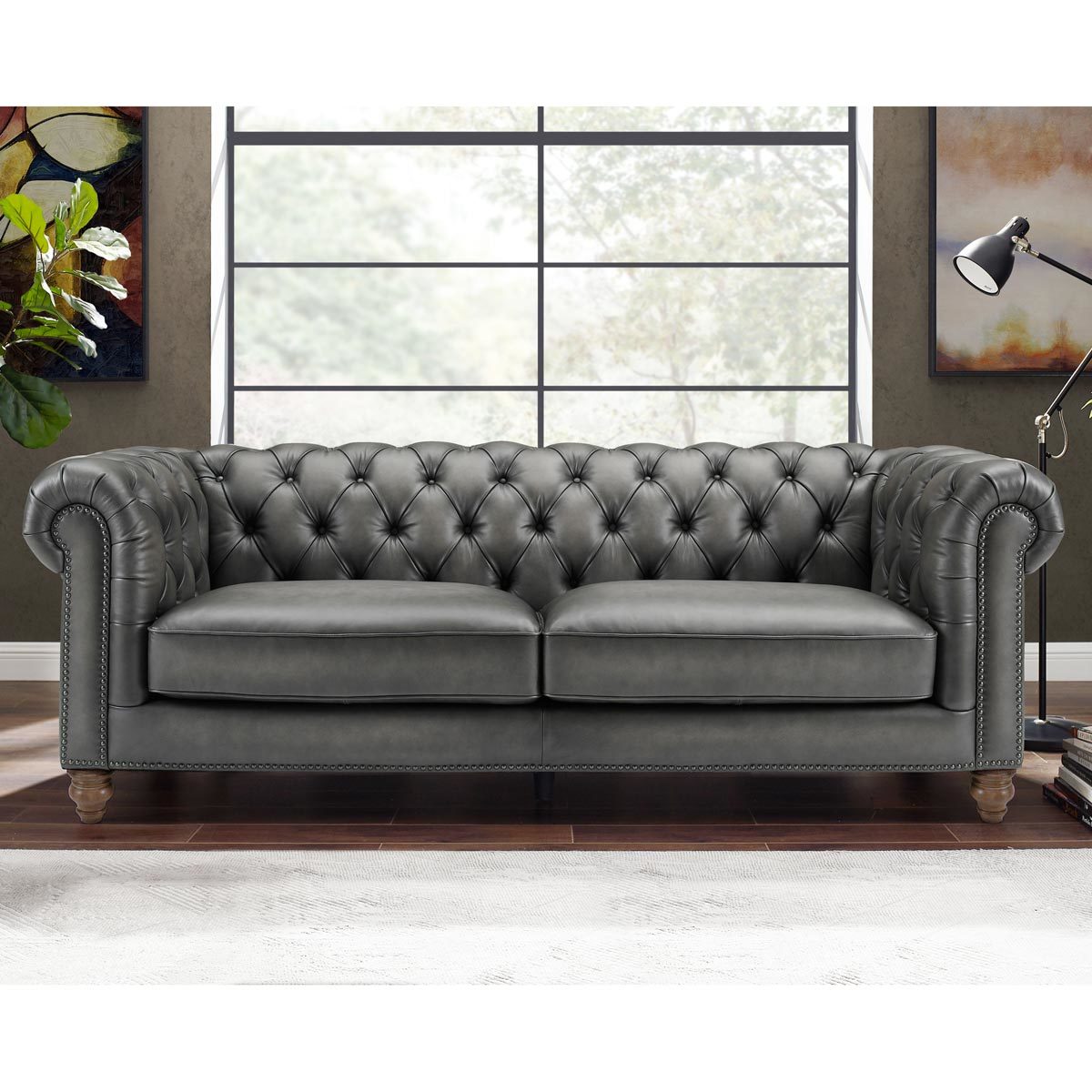 Prospera Home Allington 3 Seater Grey Leather Chesterfield Sofa 226cm Coil