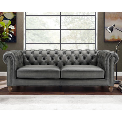 Prospera Home Allington 3 Seater Grey Leather Chesterfield Sofa 226cm Coil