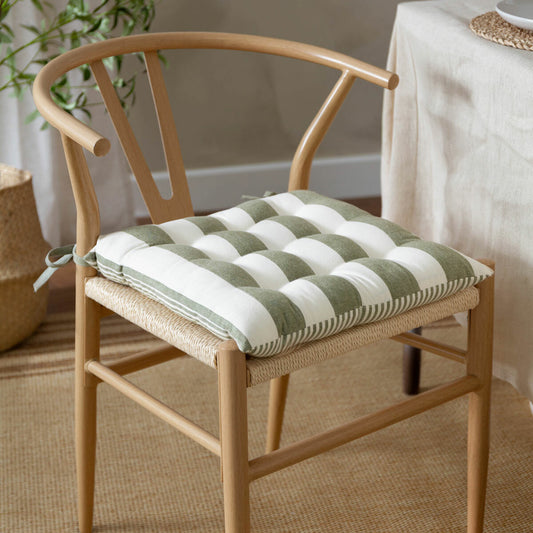 2 pack Yard Hayle Green Striped Cotton Seat Pad Cushion 40x40cm Garden Outdoor