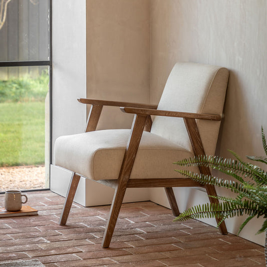 Gallery Neyland Natural Linen Armchair Beige Solid Wood Frame Living Room Chair