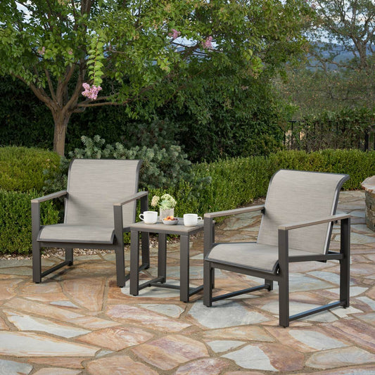 SunVilla Helio 3pc Bistro Set Grey Sling Armchairs Coffee Table Cover Garden