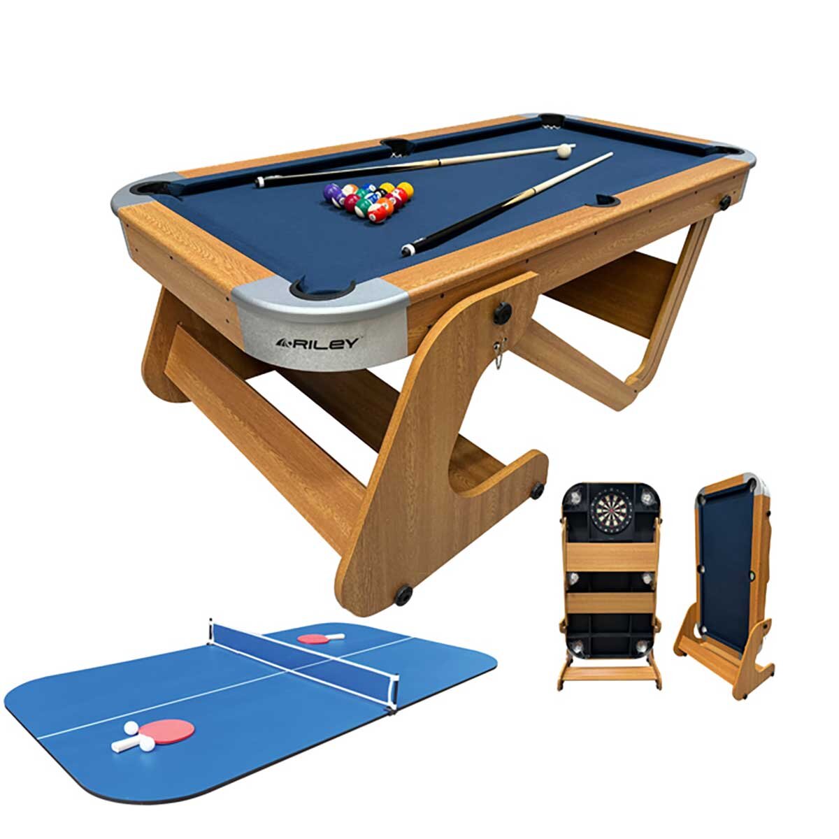 Riley 4 In 1 Folding Multi Games Table Pool Tennis Darts 6ft 198cm Wood