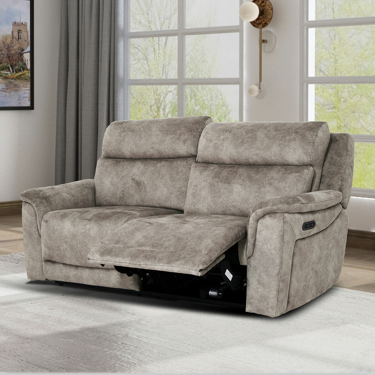 Oscar Grey Fabric Power Reclining 2.5 Seater Sofa USB Headrest Lounge