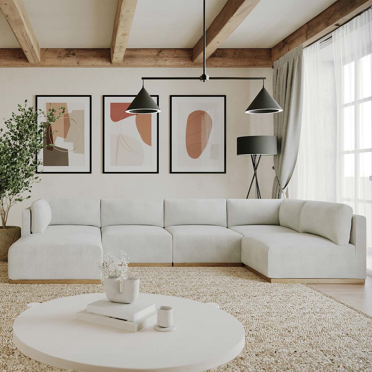Henredon Murphy Cream 6pc Modular Fabric Corner Sofa Set Ottoman Lounge