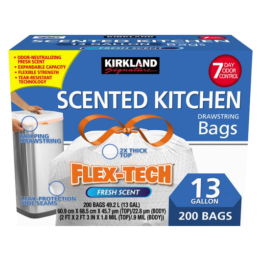 Kirkland Signature 13 Gallon Scented Kitchen Bin Bags Flex-Tech 200 Pack Liners