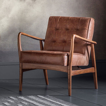 Gallery Humber Vintage Brown Top Grain Leather Armchair Solid Oak Frame Seat