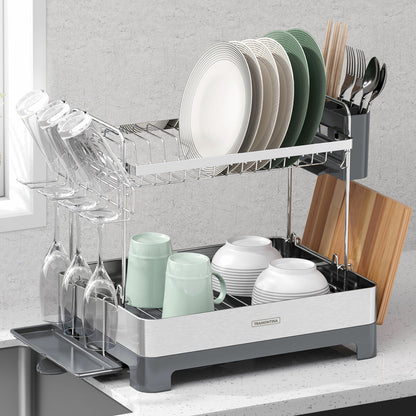 Tramontina 2 Tier Stainless Steel Dish Rack Drainer Drainboard Cup Holder