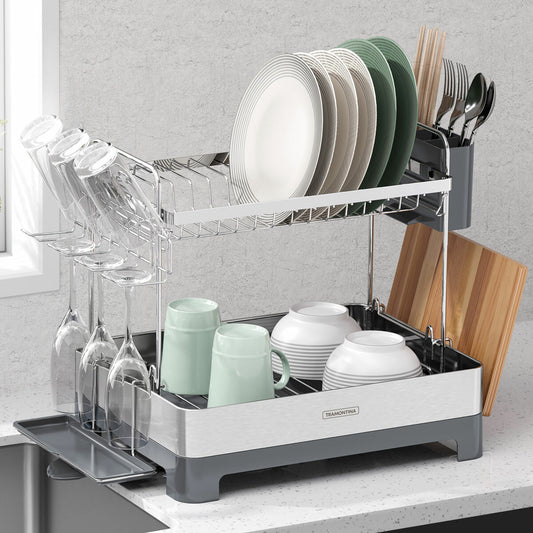 Tramontina 2 Tier Stainless Steel Dish Rack Drainer Drainboard Cup Holder
