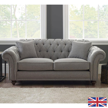 Bordeaux Button Back Grey Fabric 2 Seater Sofa Tufted Wood Legs 194cm Wide