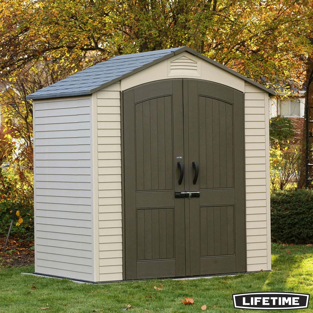 Lifetime 7x4.5ft Plastic Storage Shed 60495U HDPE Skylight Shelves Beige