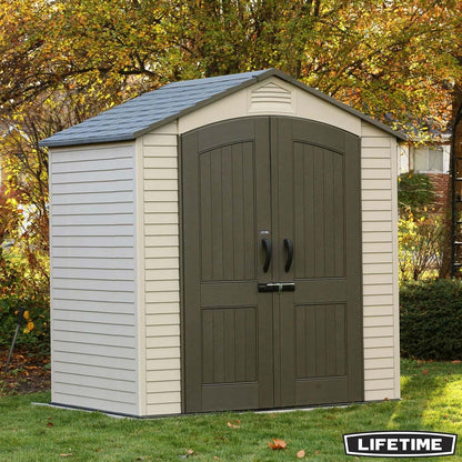 Lifetime 7x4.5ft Plastic Storage Shed 60495U HDPE Skylight Shelves Beige
