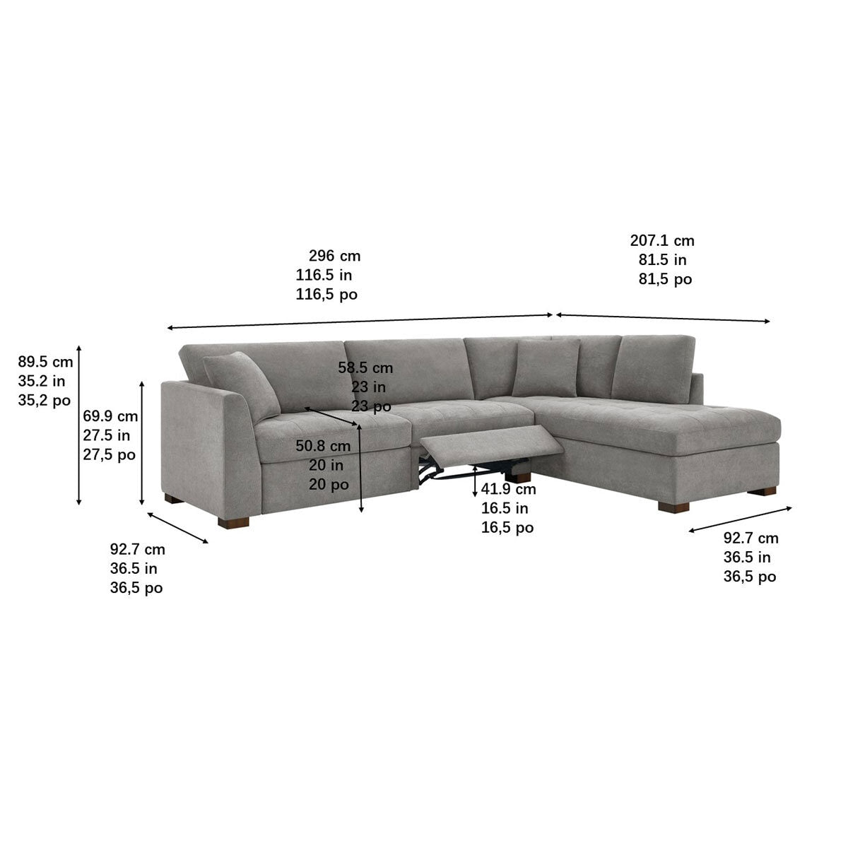 Thomasville Miles Grey Fabric Corner Sofa Power Footrests Right Hand Facing RHF