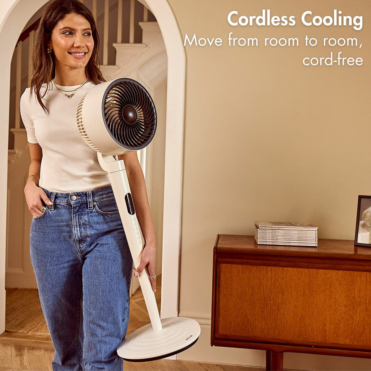 AirCraft AirLume Pedestal Fan Cordless Corded 12 Speed Stone White Remote