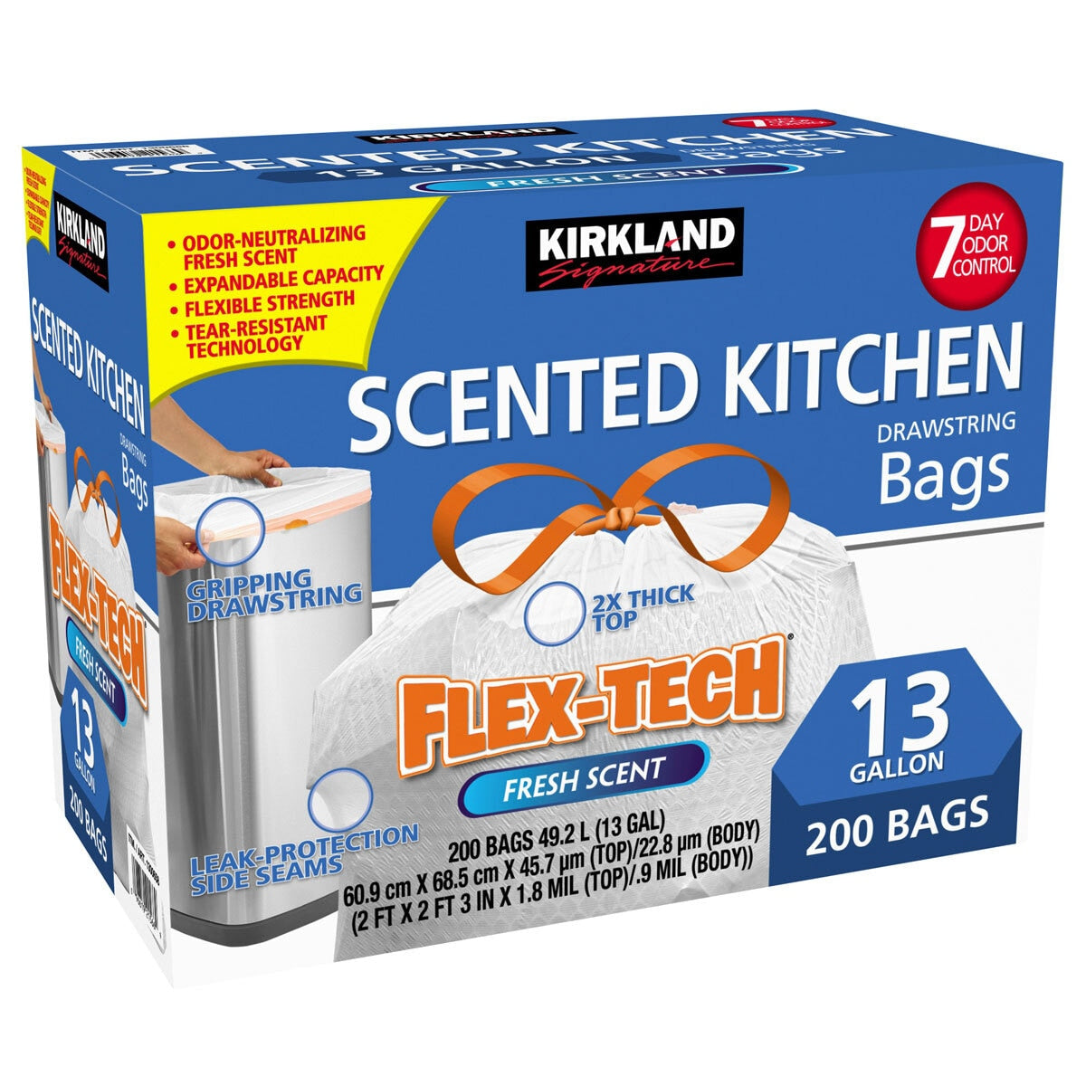 Kirkland Signature 13 Gallon Scented Kitchen Bin Bags Flex-Tech 200 Pack Liners