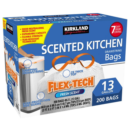 Kirkland Signature 13 Gallon Scented Kitchen Bin Bags Flex-Tech 200 Pack Liners